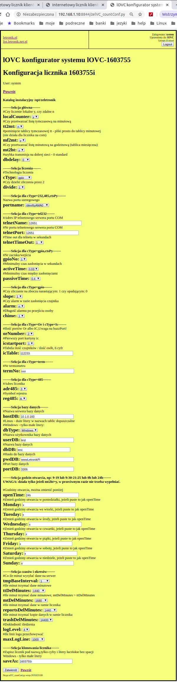 Konfiguracja licznika klientów.